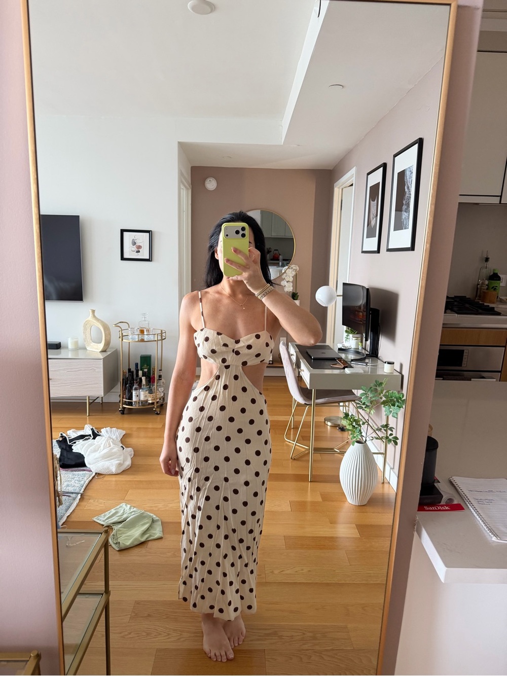 Zara Polka Dot Cutout Midi Dress in Cream and Brown